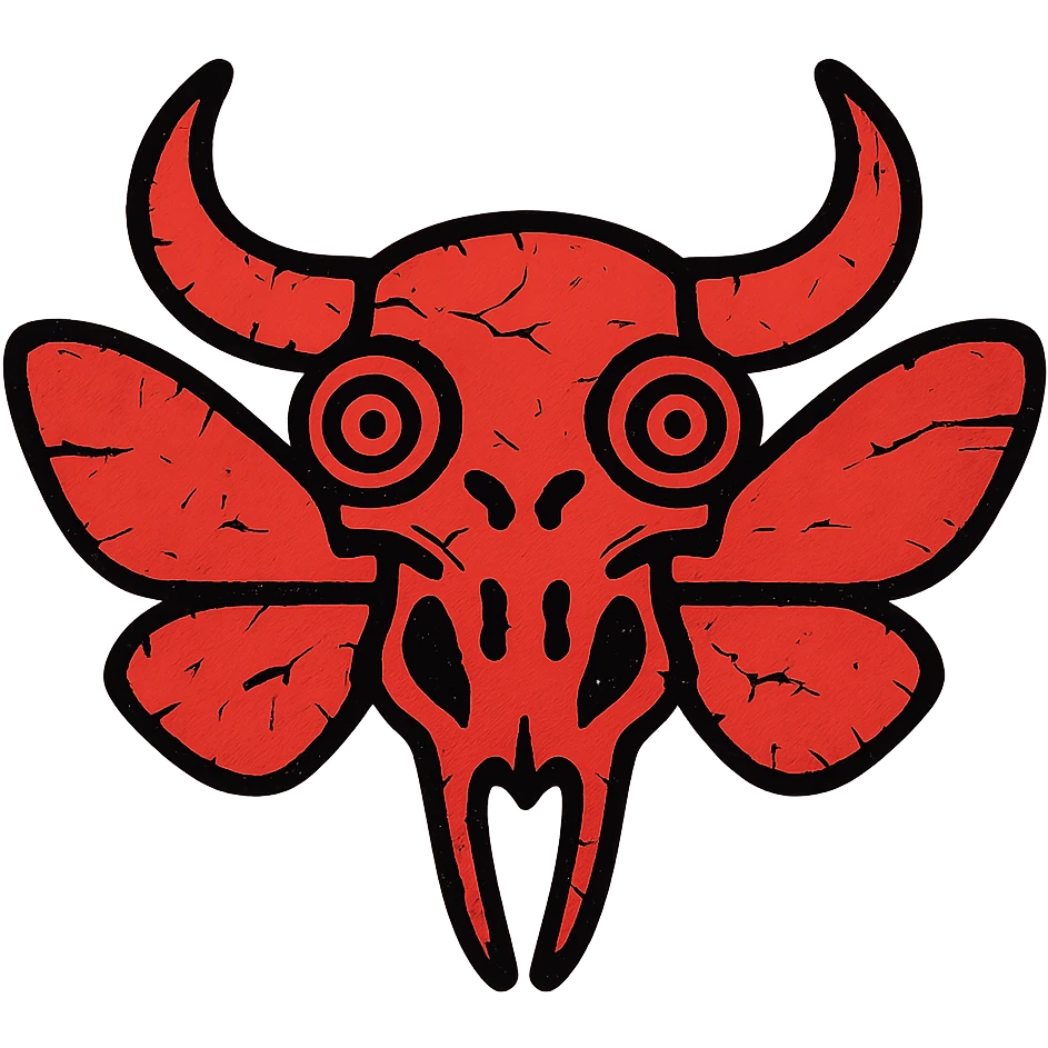 a minimalist red line art icon showing only a horrifying head (no body) that fuses minotaur skull with horns, stoat facial elements, and frog eyes/mouth, with moth wings growing directly from the head/skull, transparent hollow middle, deliberately weathered with smudged edges, torn lines, and missing sections emoji
