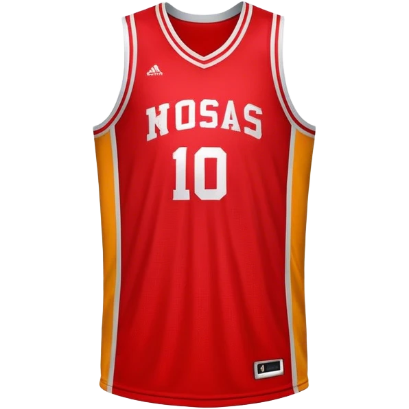 Cinematic Realistic image of a basketball jersey rendered in bold team colors with finely textured fabric and realistic creases, set against an energetic court backdrop with bright, dynamic lighting emoji