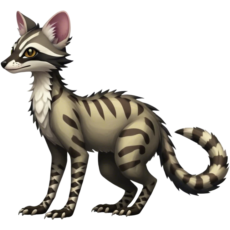 Feral Rare Fantasy dark tropical Vernid-Sergal-Genet-Trico-species by LiLaiRa, random markings, tufted tail, tufted ears, full body emoji