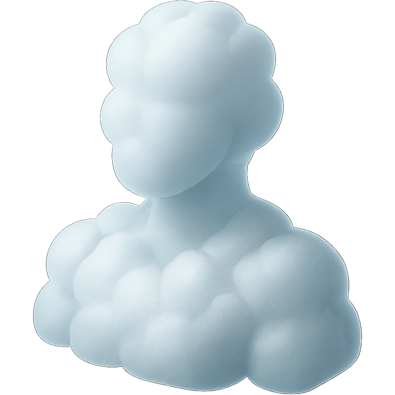 shoulder-up person fully made of white fluffy convex clouds, matte glass style, no background emoji