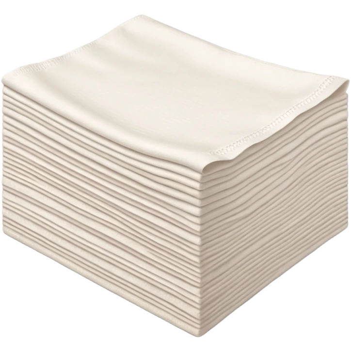 neat stack of soft white paper napkins, rectangular, slightly textured edges, faint embossed border, top napkin slightly curled, soft lighting, subtle shadows, emoji scale emoji