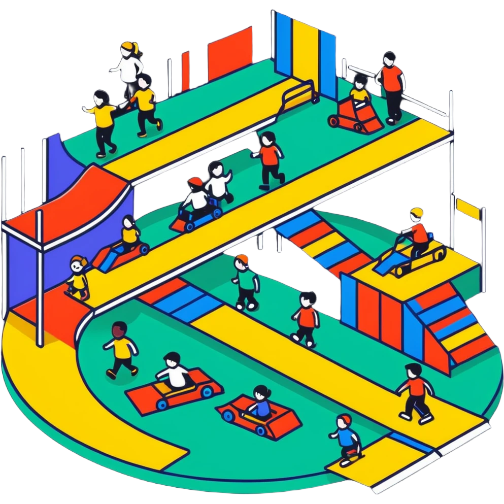 cartoon inclusive activity space with bright colors, ramps, and diverse people emoji