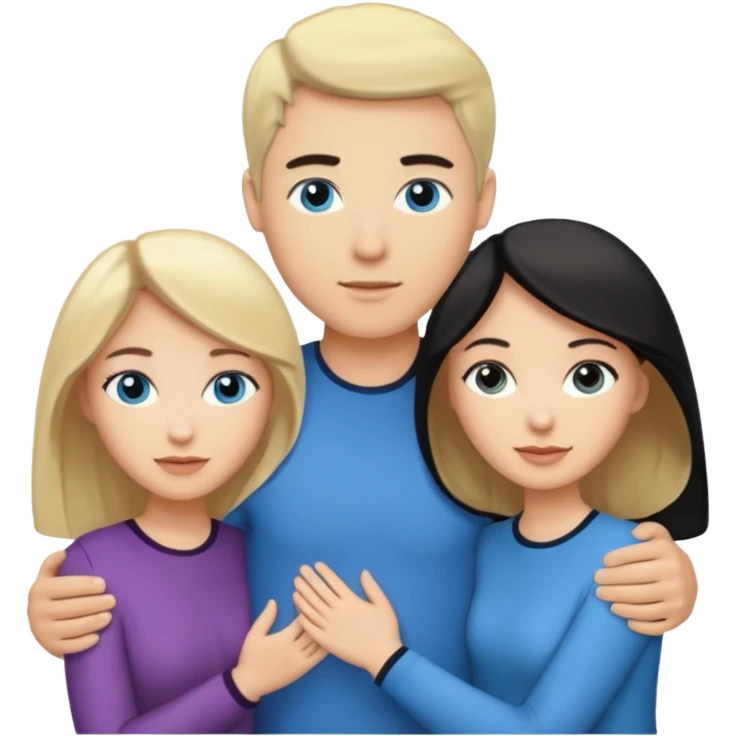 3 people. Throuple. Blank woman with blond hair and blue eye color on left. And also a blank man with black hair and grey eye color in the middle. And a blank woman with brown hair and grey eye color on the right. Holding each other  emoji