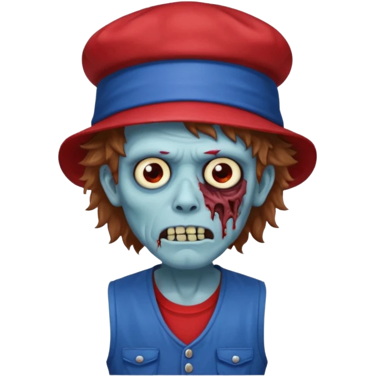 brown fluffy hair zombie with blue and white hat dark blue jilet red t shirt emoji