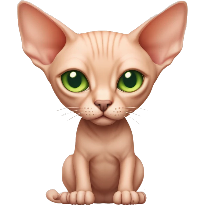 peach-colored Sphynx cat with green eyes and a big belly emoji