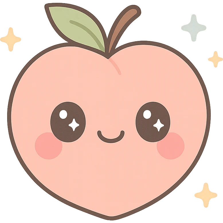 cute cartoon peach with a smiling face, big eyes, pink cheeks, simple style emoji