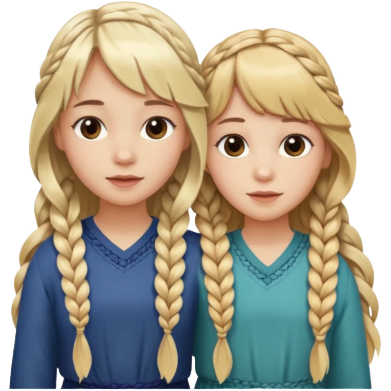 Sister with bangs and long wavy flowing blonde hair and her sister with long brown hair  braided to one side.  Close loving sisters💛 emoji