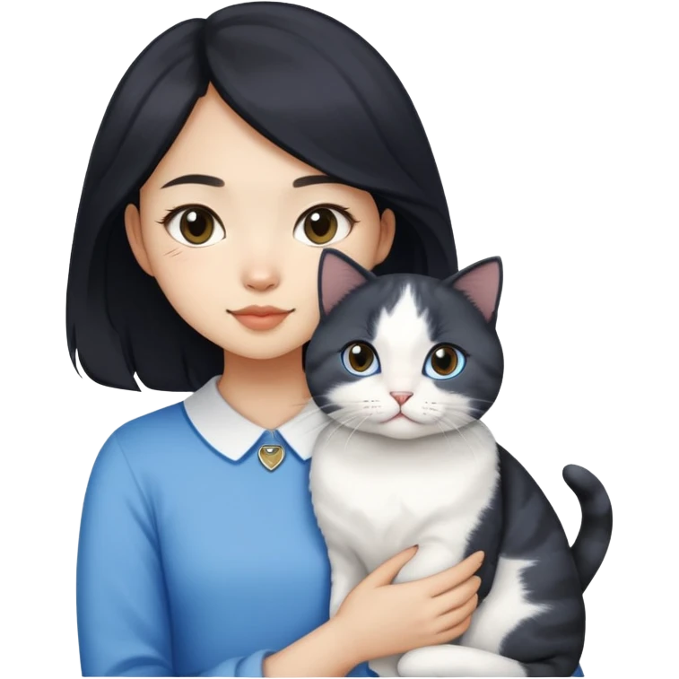 Asian girl, light skin, black slightly curly medium-long hair, holding a British short-haired blue and white cat emoji