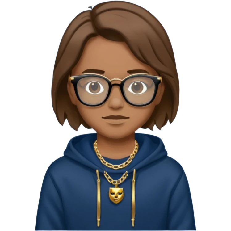 Brown hair with black glasses and the lends of glasses are black and a dark blue hoodie that says caylus kingdom with black pants and a gold chain emoji