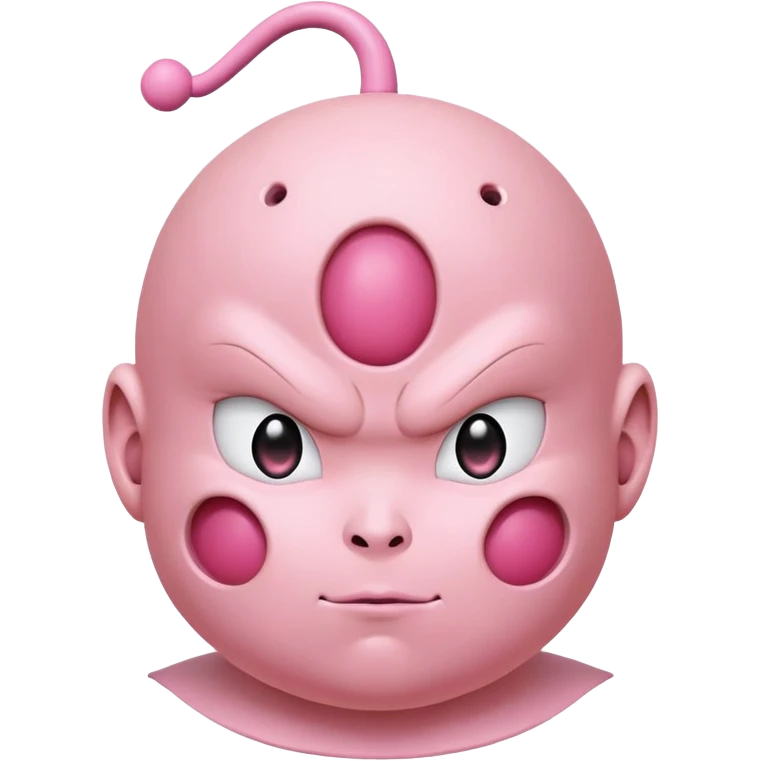 Majin Buu from Dragon Ball Z, pink round body with holes, antenna on head, childlike face emoji