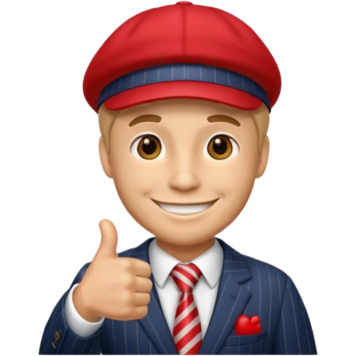 smiling man in a pinstripe suit and red cap, giving a thumbs up, emoji style emoji
