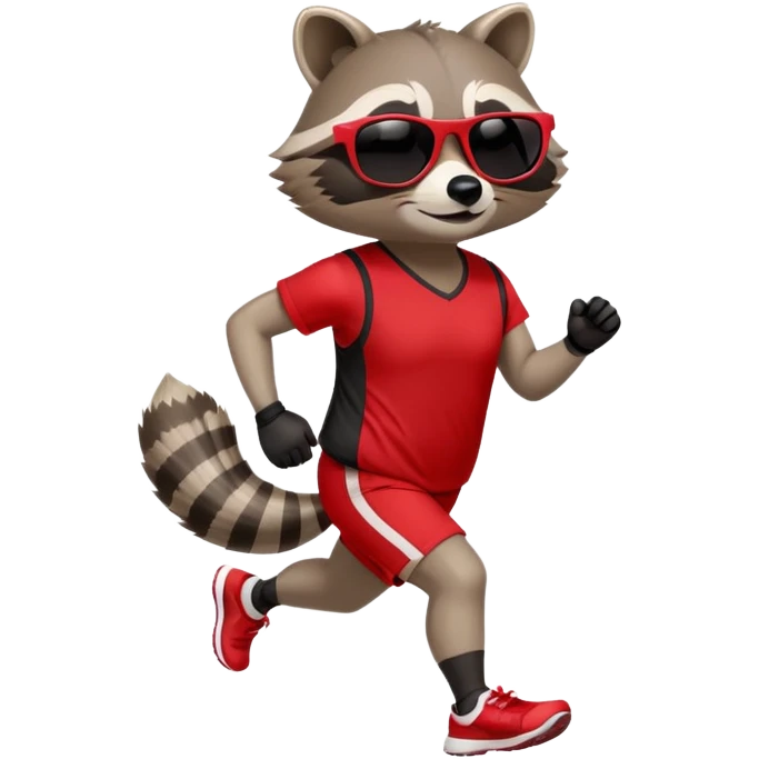 friendly anthropomorphised raccoon in sports wear, wearing dark sunglasses, jogging upright in standard pose emoji