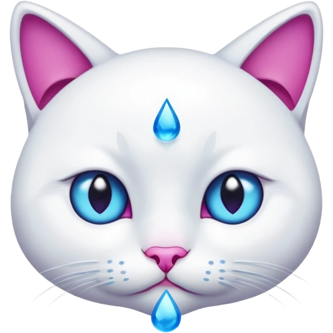 White cat, emphasized sad face, blue water tear drop below one eye, magenta eyes, black background, cute cartoon style emoji