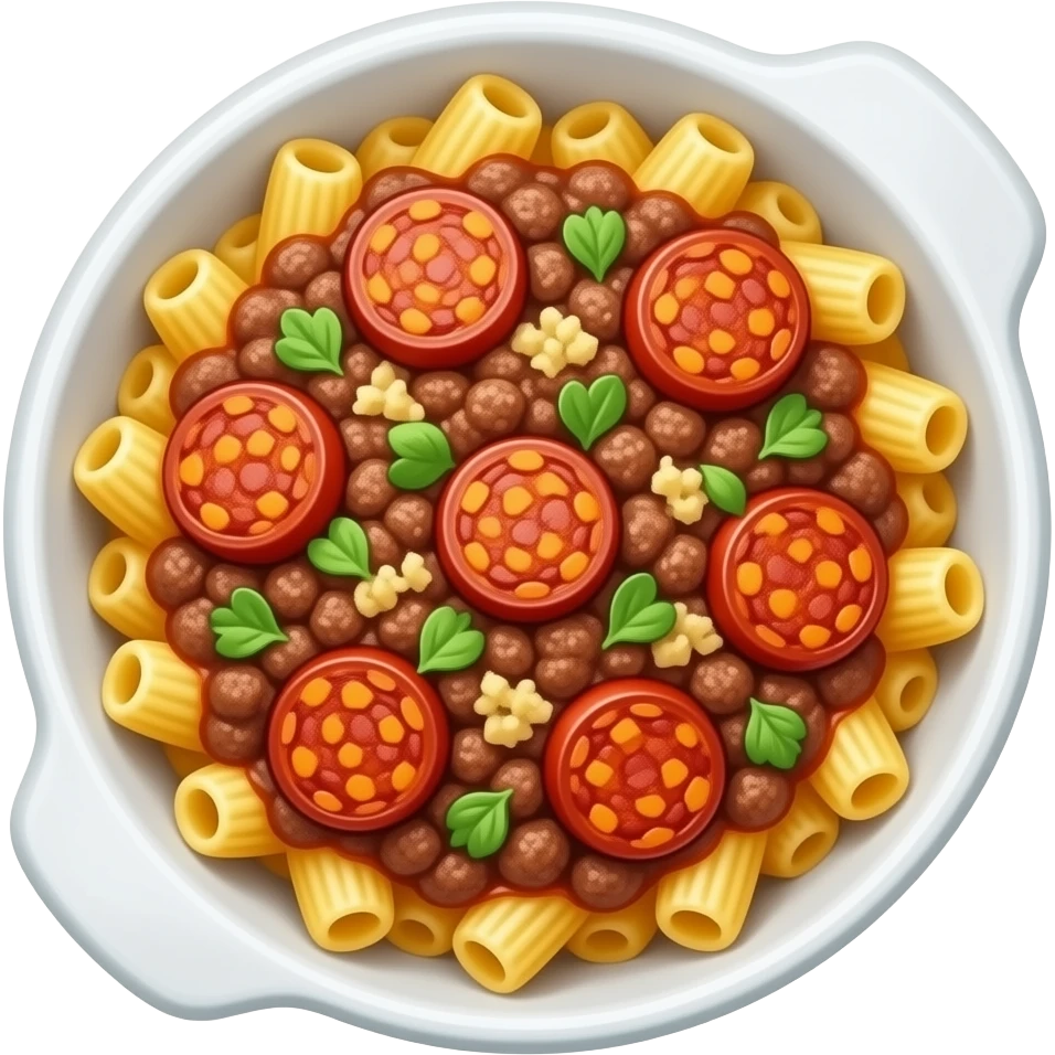 Emoji estilo iPhone de unos macarrones, que se le vean todos los ingredientes, niños macarrones, el chorizo, la carne picada, el queso emoji