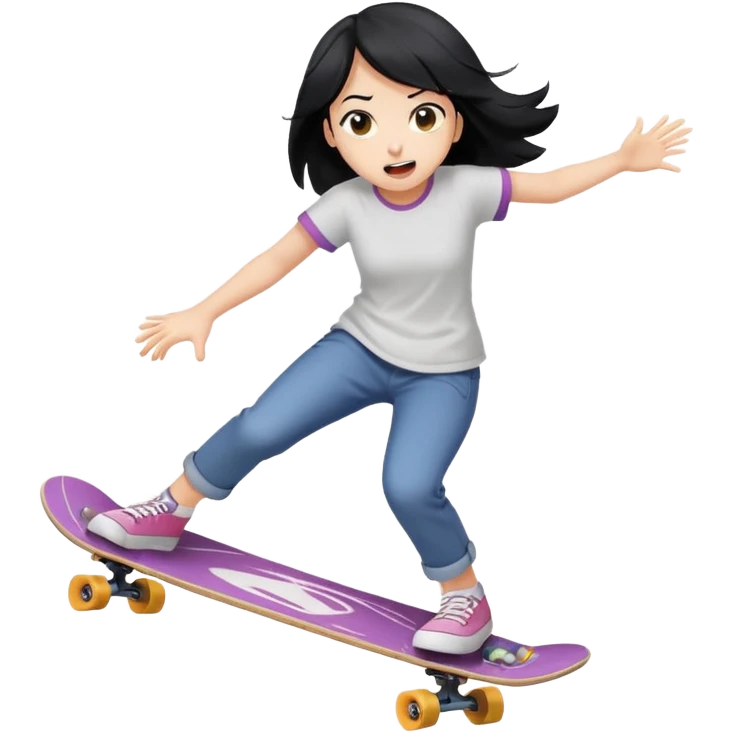 girl with black hair crashing off a skateboard, surprised expression, action lines, playful emoji look emoji