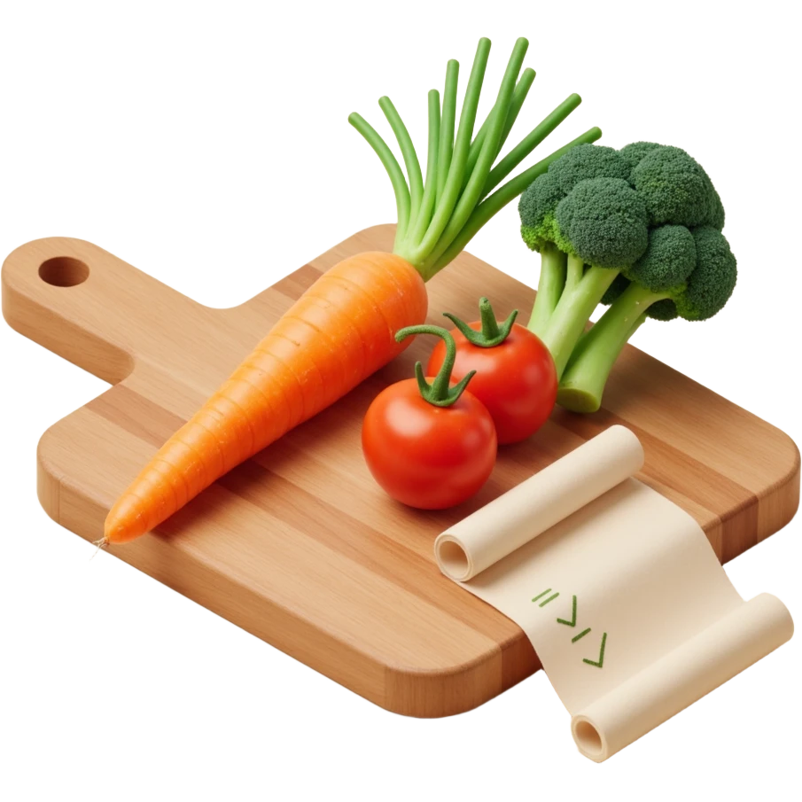 carrot tomato brocoli on the wooden cutting board with floating rolled paper list with checkbox emoji