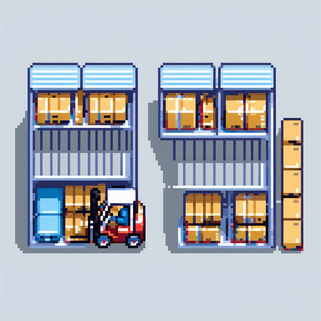 Single story warehouse in isometric perspective with forklift and storage racks emoji