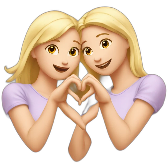 Two blond friends making heart with her hands  emoji
