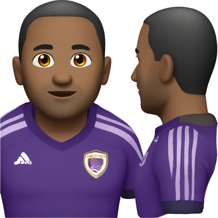 45-year-old man with a slightly round face, short hair with a small central crest and a slightly receding hairline. He has brown eyes, subtle stubble, and wears a black and purple soccer jersey. emoji
