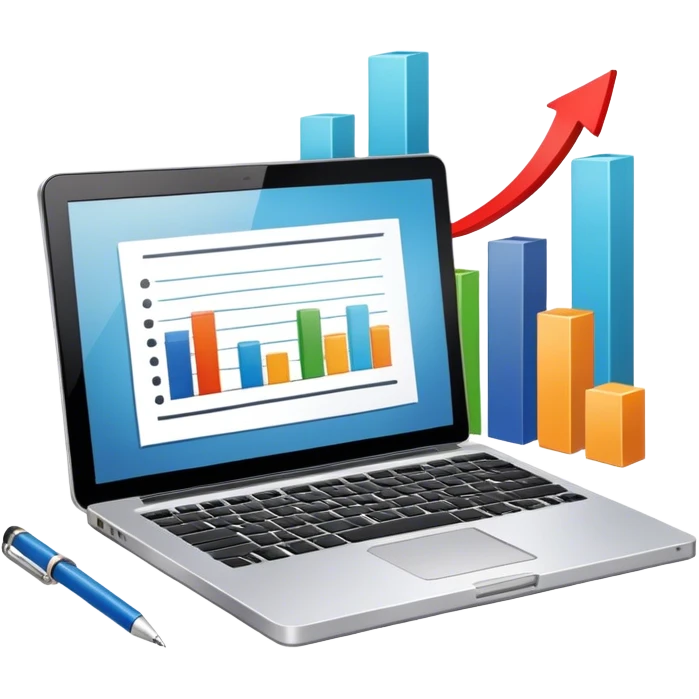Icon for Business Reading: a prominent book at the forefront, laptop and notepad around it, along with a bar graph and symbolizing ideas and growth. The icon should represent the knowledge and strategy of business literature. Transparent background. emoji