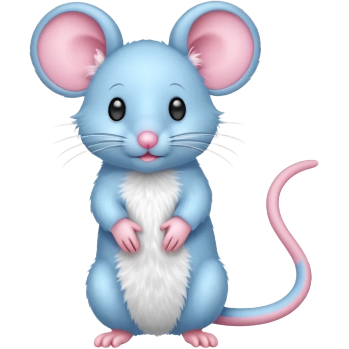 A small, light blue, fuzzy toy mouse with pink ears and a pink nose emoji