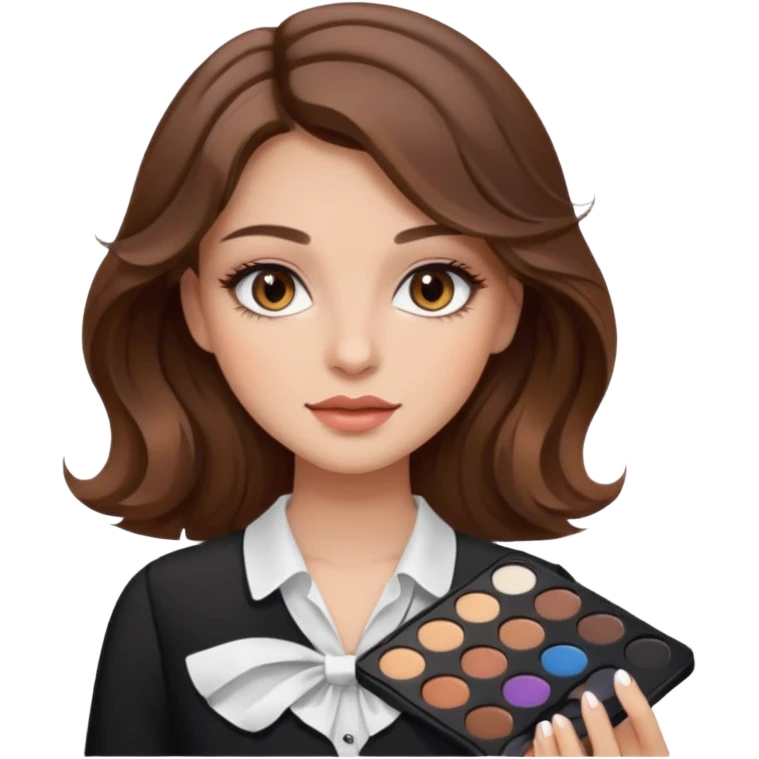Una chica con ojos color café claro, cabello castaño ondulado maquillada, sosteniendo una paleta de sombras y la blusa que sea color blanca estilo moderno emoji