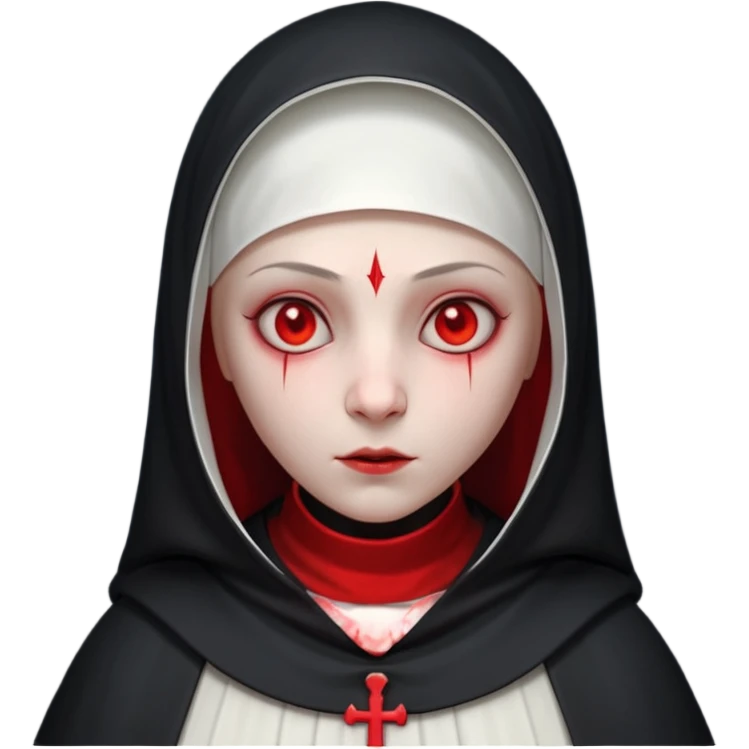 cursed village nun portrait, head and shoulders only, dark hood, mysterious expression, red accents, eerie glow, 3D cartoon, mobile game icon style, clean background, no text, no watermark

 emoji