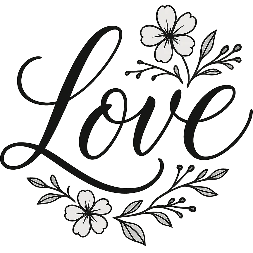 the word 'love' in elegant calligraphy with floral accents, no background emoji