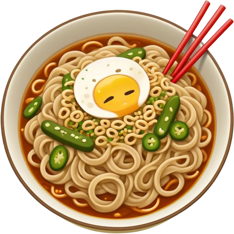 Wuhan hot dry noodles with sesame paste and pickles, simplified emoji style with bold outlines and bright colors, cartoon style Hubei breakfast Re Gan Mian emoji