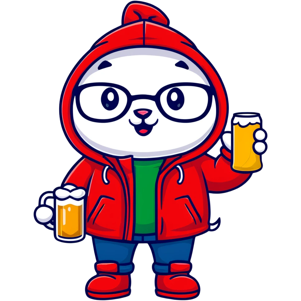 Catfish wearing a red hooded winter jacket, round glasses, blue jeans, red boots, holding a beer can with red label emoji