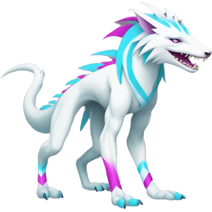 White elegant beautiful natural cute badass epic anthro modern albino sergal-vernid-Fakémon with cyan mane and magenta eyes with cyan edgy stripes, full body emoji