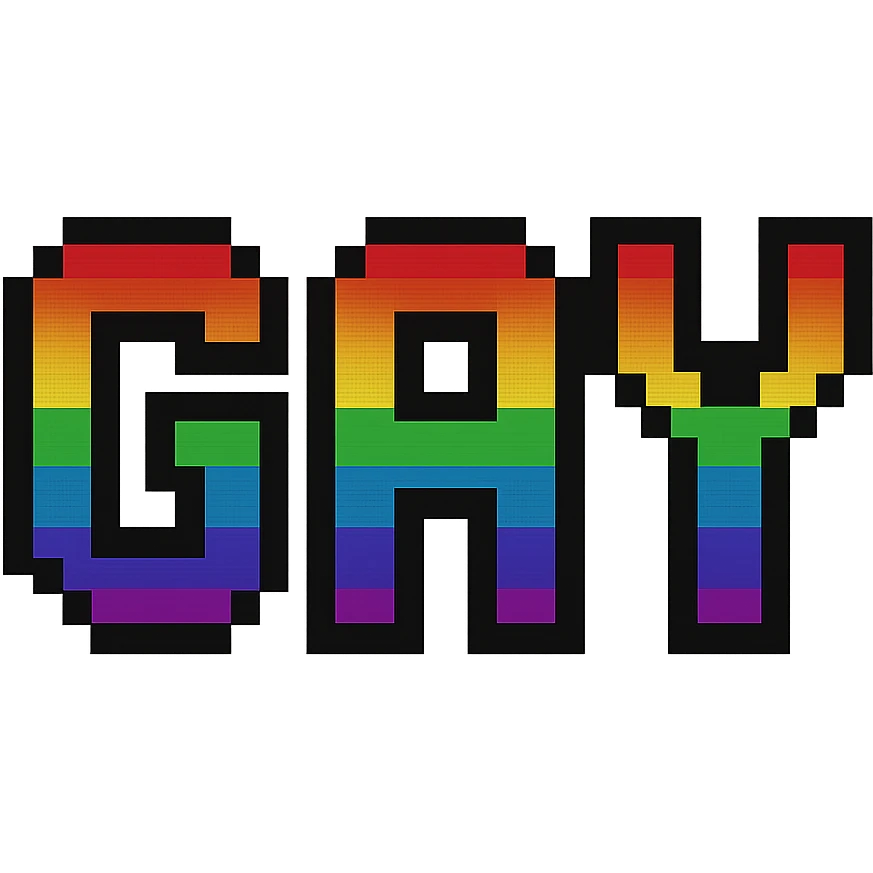 the word GAY in pixel art font with rainbow colors emoji
