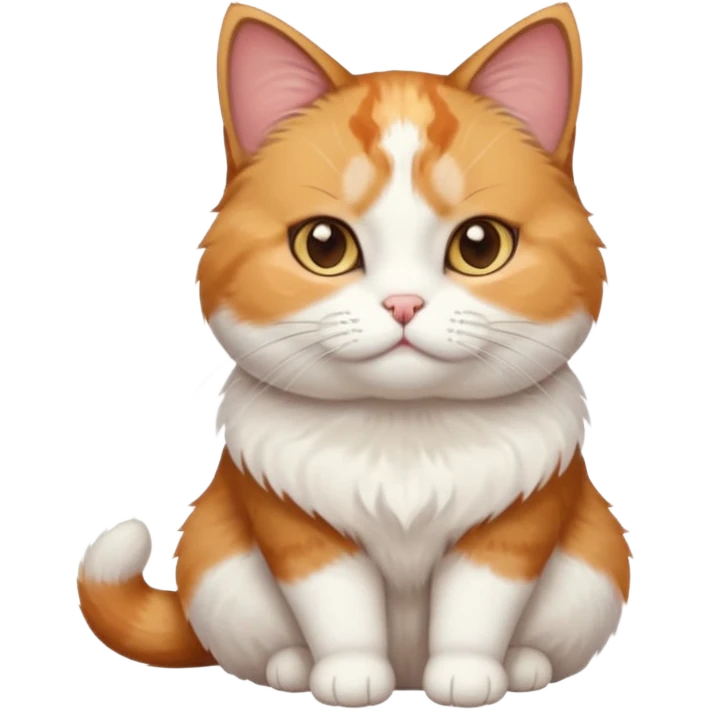 calico and white cat with small head, hazel eyes, and short but chubby body emoji