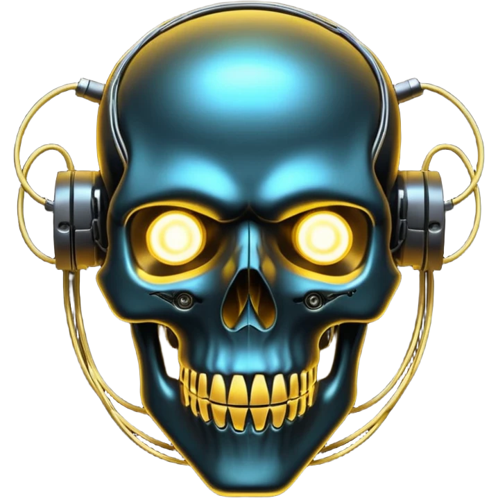 Cyberpunk shield, skull with cybernetic implants, glowing wires, dark electric gold and black tones, no background emoji