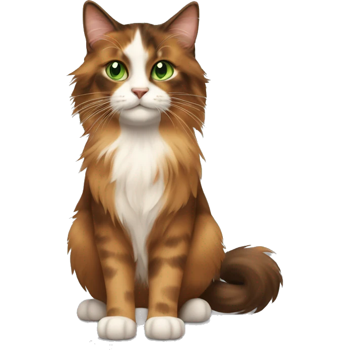 Long-haired, brown and brown calico cat with green eyes a girl next to her emoji