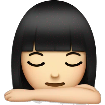 Woman pale skin black hair with bangs sleeping in bed with pillow, white woman emoji