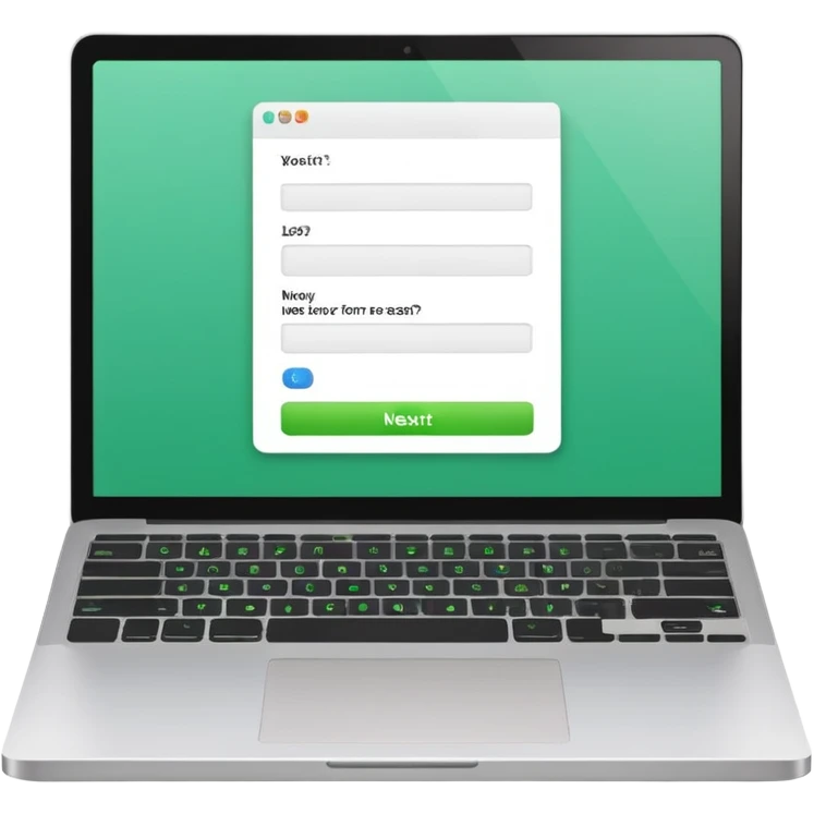 A emoji-style illustration of a laptop front facing with its screen showing onboarding form. On the screen, display a small white form card with a few simplified input fields. Add a bright green 'Next' button at the bottom of the card. emoji