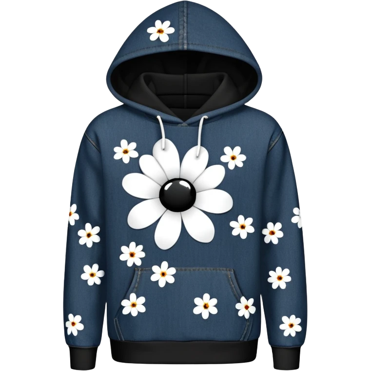 The BLACK Denim Tears Hoodie features a black base with distinctive white and black  open flower spots with empty space in the middle, These hollow ring-like patterns are scattered across. BLACK AND WHITE FLOWERS SPACED OUT FLOWERS, AND ONLY A FEW FLOWERS AND NO DOTS emoji