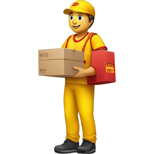 a delivery person with a yellow outfit with some red lines like the DHL logo. The delivery person carry somes carton boxes. emoji