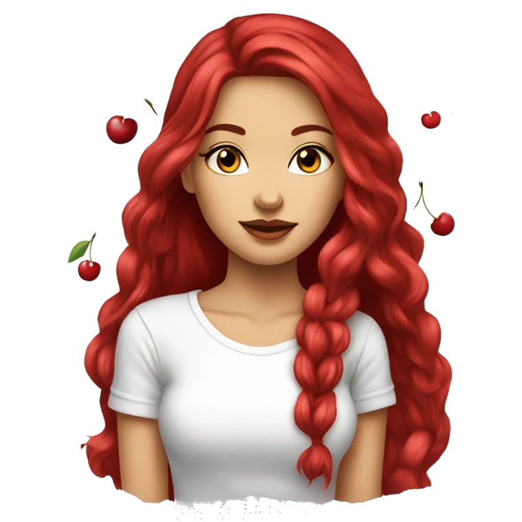 cherry red long hair beautiful woman wear white t-shirt with cherry print  emoji