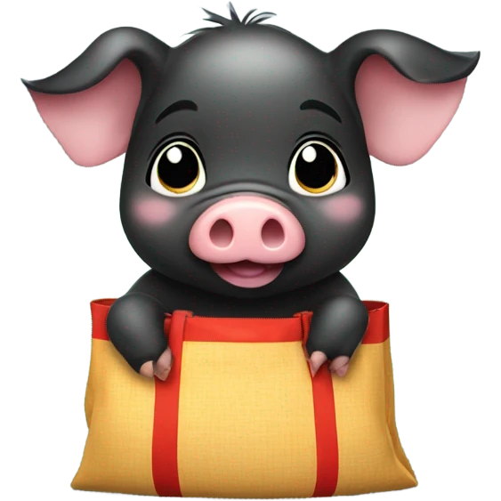 Cute baby black pig having 4 lucky bags. emoji