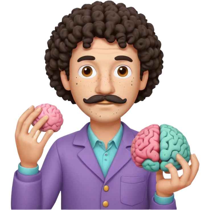 Enhance the claymation man holding a brain by adding more depth and dimension to the image. Make him more attractive and quirky, inspired by the first version, with dark curly hair, thick mustache, light skin, freckles, more movement, claymation style, visible fingerprints, and pastel colors. emoji