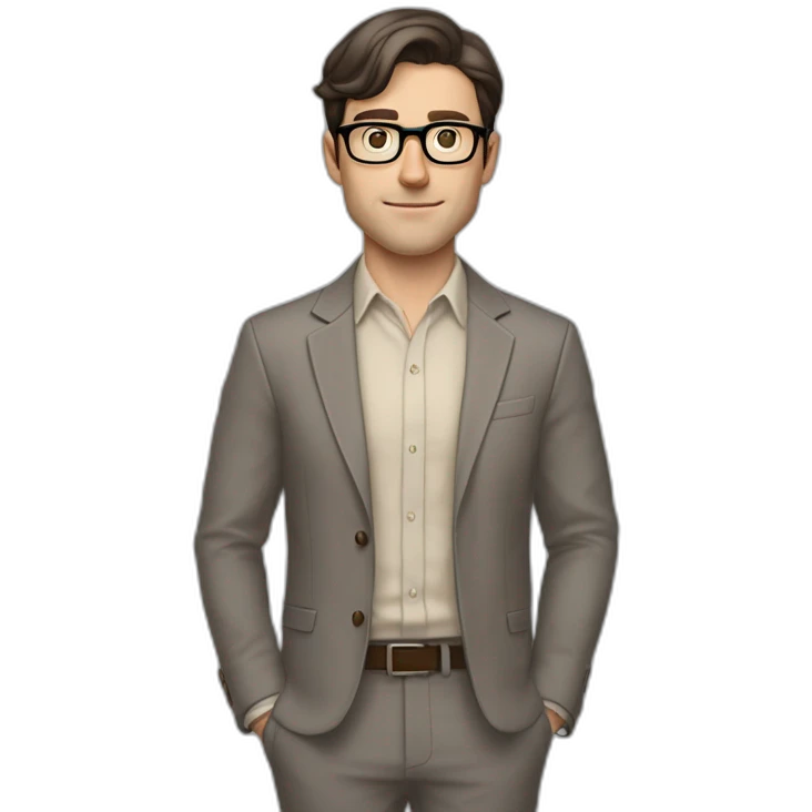 Full height Pale skinned Fit Man With dark brown hair in gray jacket, beige office shirt, tie, Brown pants and vintage glasses. Thrumbs of his palms directed up emoji