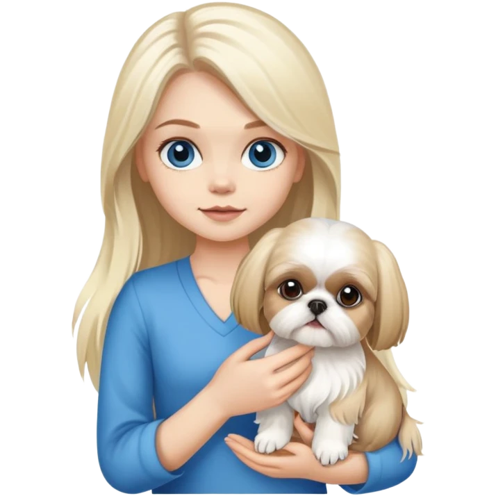 White blond girl with long hair and blue eyes holding a small female shih tzu dog emoji