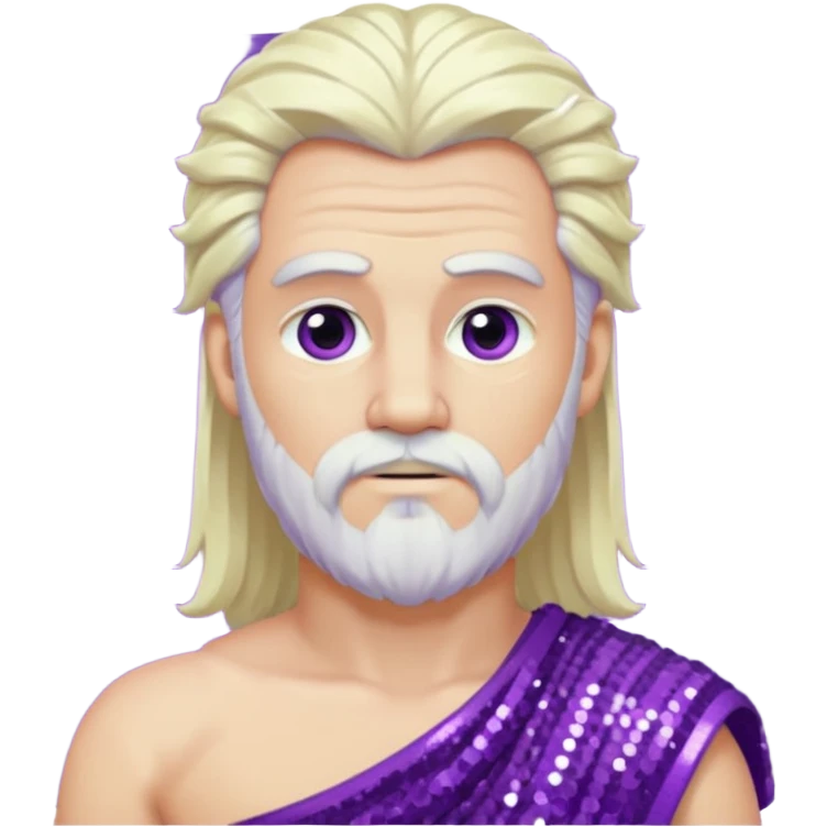 Zeus from Greek Gods with long platinum blonde hair and short beard, purple sequin toga emoji