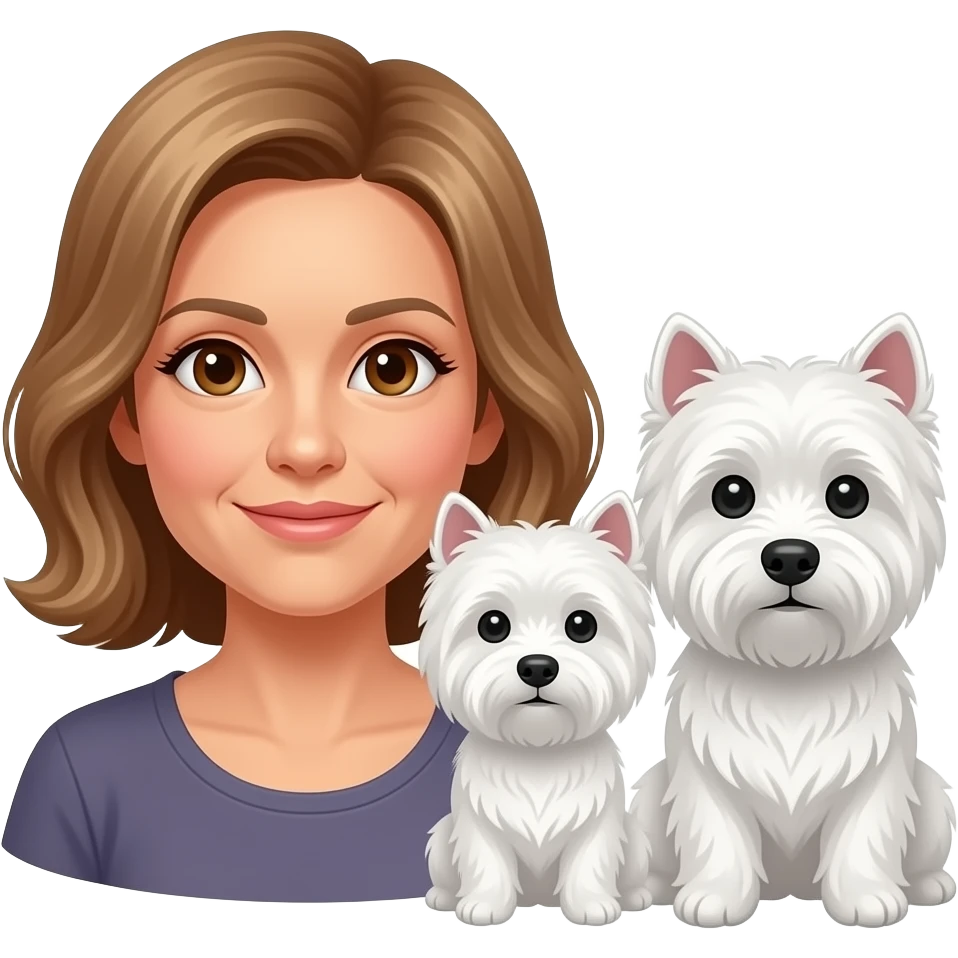 Middle age woman brown eyes , shoulder length light brown hair, with a female westie and a male westie emoji