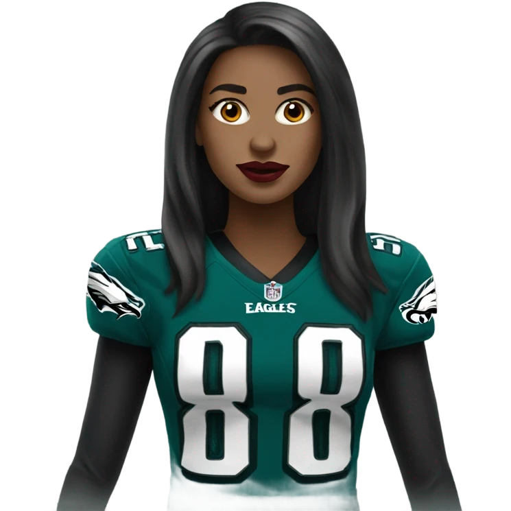White female long dark hair red lips wearing Philadelphia Eagles jersey emoji