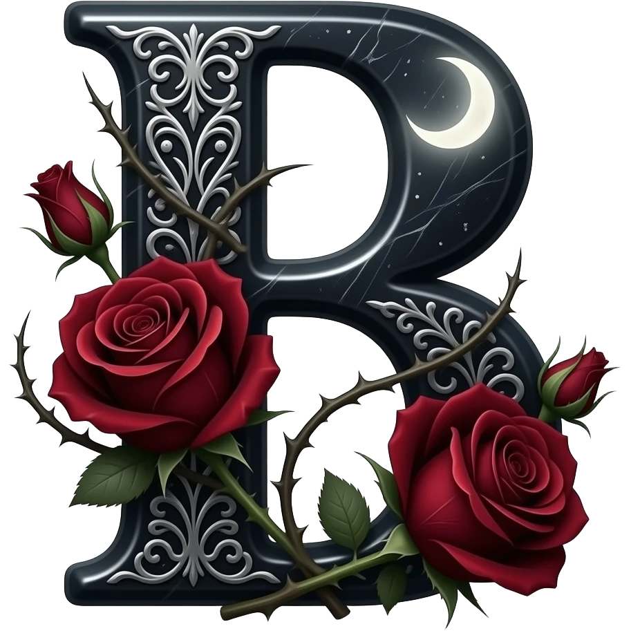 A heavy obsidian letter 'B' with silver filigree engraving. Deep red velvet roses with thorny stems wrap over the letter. Glowing moonlight effect, dark and moody atmosphere, deep glowing emoji