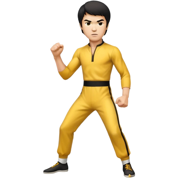 fierce Bruce Lee, ready to fight stance, focused eyes, yellow jumpsuit emoji