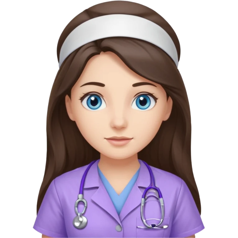 pretty brunette nurse with long hair and blue eyes in lilac scrubs emoji